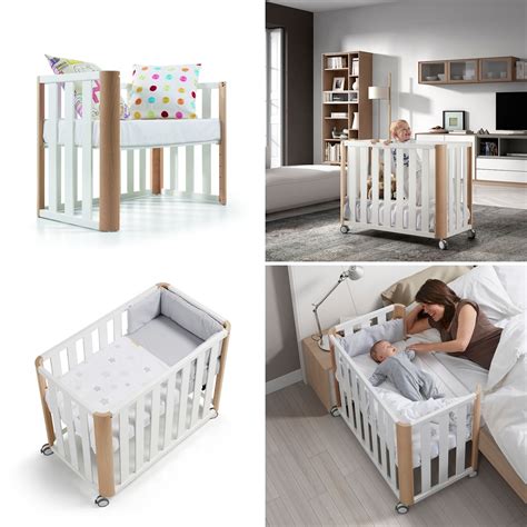 Minicunas de colecho de madera de diferentes diseños y colores, con bebés durmiendo