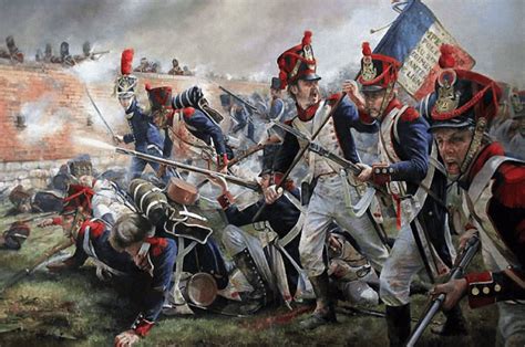 Ataque francés a Hougoumont, con británicos disparando desde los muros