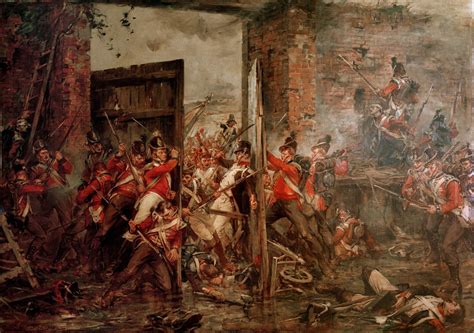 Soldados franceses intentando forzar la puerta sur de Hougoumont