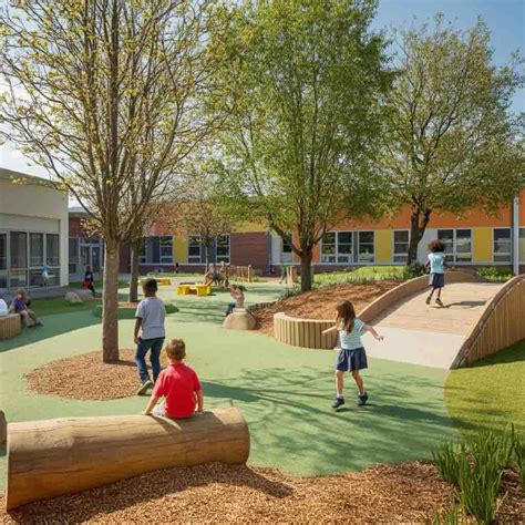 Patio renaturalizado de la escuela infantil Hello Azpilagaña, con niños jugando en elementos de madera y zonas verdes