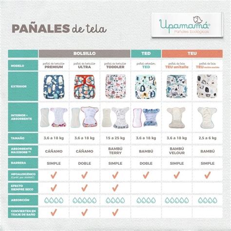 Infografía detallada con los tipos de pañales: TEU, TED, bolsillo, ajustados y planos.