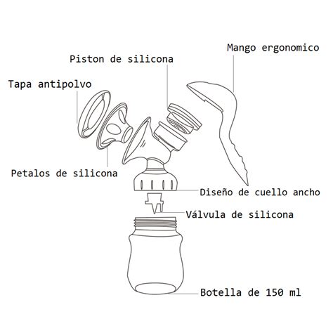 Ilustración de un extractor de leche manual con sus componentes.