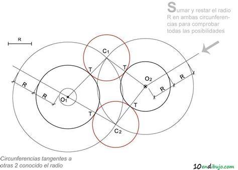 Ilustración de las múltiples soluciones para tangencias a dos circunferencias con radio dado