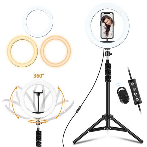 Foto de primer plano de un anillo de luz LED Bresser BR-RL 10B con un smartphone montado