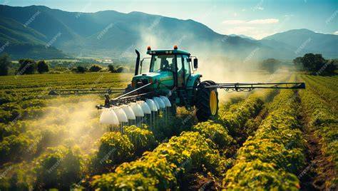 Campo de cultivo con un tractor aplicando fertilizante de precisión