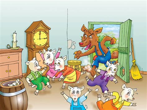 Ilustración de siete cabritillos jugando y un lobo acechando.