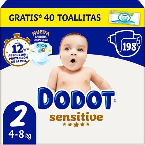 Foto de pañales Dodot Sensitive Talla 2 en su empaque, mostrando sus características principales.