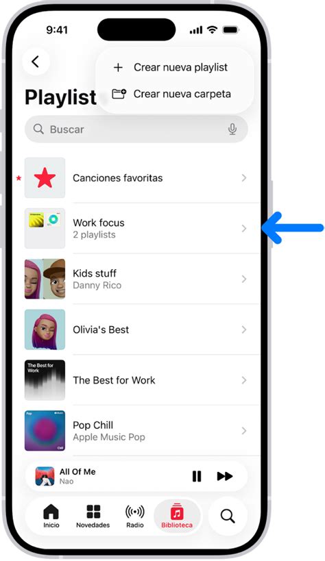 Diagrama ilustrativo de cómo crear una carpeta de playlists en la app Música de iOS
