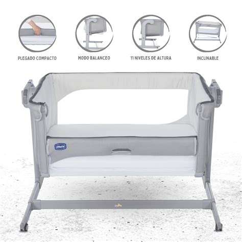 Infografía comparativa de las configuraciones de la cuna Chicco Next to Me Forever: colecho, cuna tradicional, cama en el suelo.