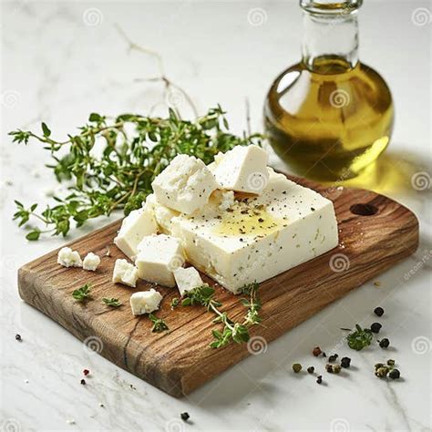 Queso feta en bloque sobre tabla de madera, rodeado de ingredientes mediterráneos