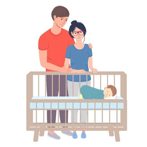 Ilustración de una familia durmiendo plácidamente con el bebé en una cuna colecho junto a la cama de los padres.
