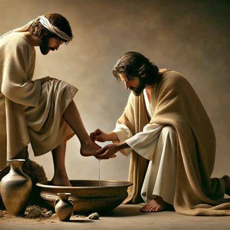 Ilustración de Jesús sirviendo a otros en un acto de humildad