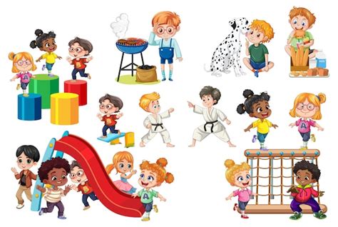 Ilustración de niños participando en diversas actividades extraescolares como deportes, arte y música.