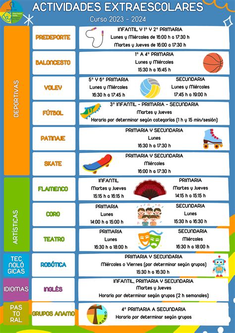 Infografía comparativa de precios y horarios de diferentes actividades extraescolares.