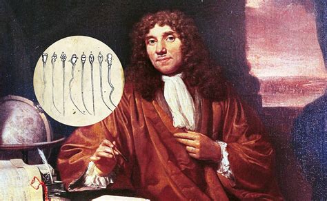 retrato de Anton van Leeuwenhoek y una ilustración de sus primeros microscopios