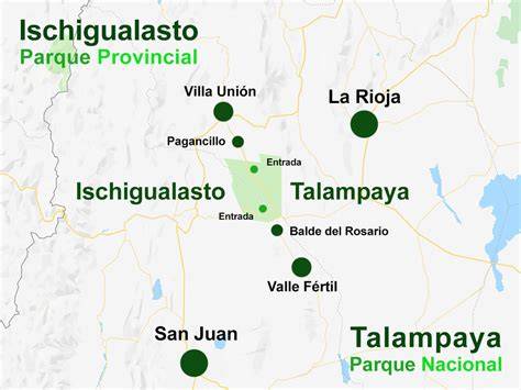 Mapa de la ubicación de Cabañas Don Antonio respecto a Valle Fértil, San Agustín, Ischigualasto y Talampaya