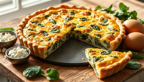 Foto de quiche de espinacas y queso feta recién horneada en bandeja de cerámica