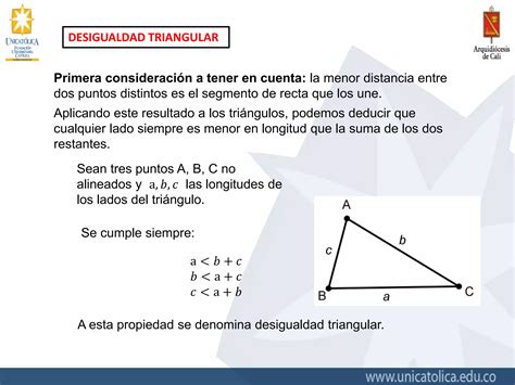 Diagrama mostrando la desigualdad del triángulo y sus lados con ejemplos