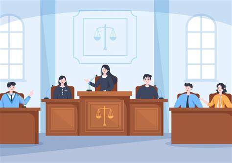 Ilustración de una sala de vistas judicial con integración de tecnología eFidelius