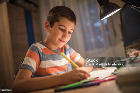 Niño concentrado haciendo los deberes en un escritorio ordenado