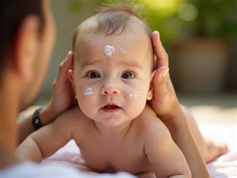 Bebé siendo aplicado crema corporal por un adulto