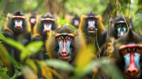 Grupo de mandriles buscando alimento en la selva