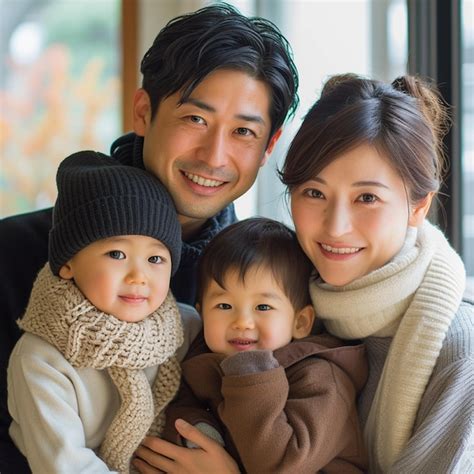 Foto de una familia japonesa moderna interactuando con un recién nacido