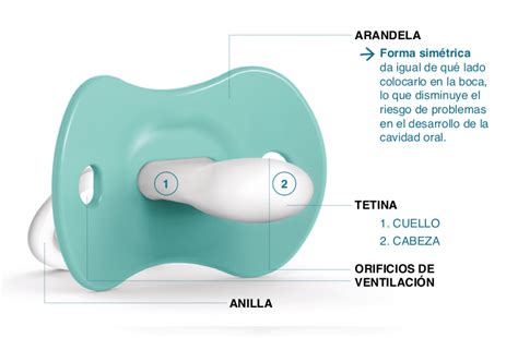 Esquema de las partes de un chupete (tetina, arandela, anilla, orificios de ventilación)