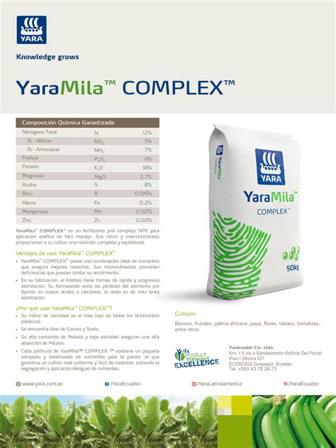 Esquema de la composición nutricional del fertilizante YaraMila Complex resaltando la presencia de macro y micronutrientes.