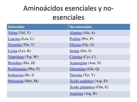 Tabla de aminoácidos esenciales y no esenciales