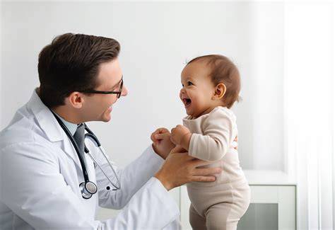 Foto de una médica pediatra interactuando con un niño en un entorno clínico.