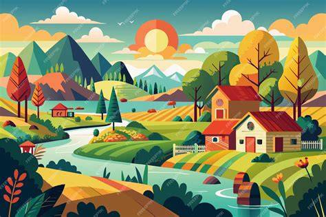 ilustración de un paisaje rural con un río y personas cultivando