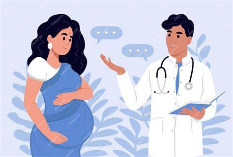 Ilustración de un obstetra y una paciente embarazada conversando amigablemente.