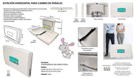 Diagrama de un cambiador seguro con características como bordes altos, cinturón y cojín antideslizante.