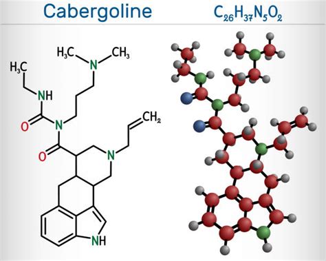 Ilustración de la estructura molecular de la cabergolina y su interacción con los receptores de dopamina.