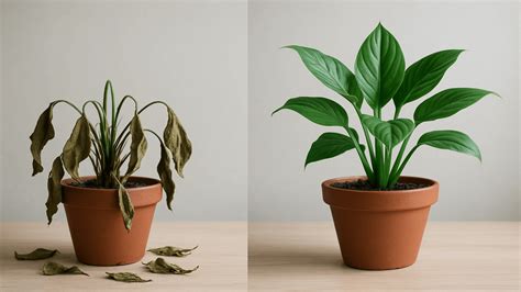 Esquema que muestra la diferencia entre una planta sana y una con quemaduras por exceso de fertilizante (hojas amarillas, raíces marrones, costras de sal).