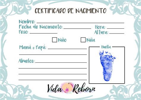 Ejemplo de diseño de certificado de nacimiento para bebé reborn con espacio para foto
