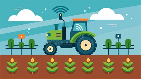 Ilustración de un tractor equipado con un esparcidor de fertilizantes moderno con GPS.