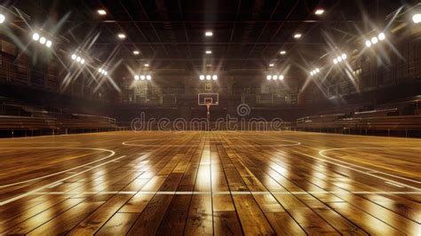 Cancha de baloncesto vacía con luces brillantes, simulando un ambiente de partido importante