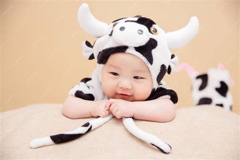 Un bebé adorable vestido con un disfraz de vaca, sonriendo.