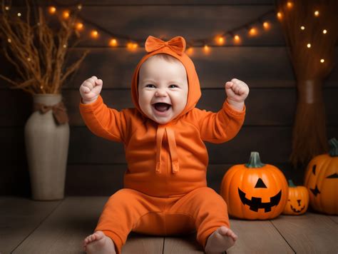 Galería de imágenes con diferentes disfraces de Halloween para bebés: esqueleto, araña, calabaza.
