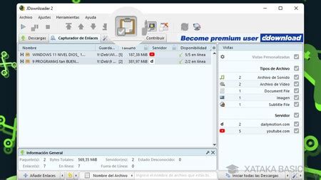 Interfaz de JDownloader mostrando el capturador de enlaces activo/desactivado
