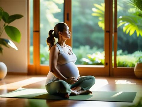 Mujer embarazada practicando yoga suave en un entorno tranquilo.
