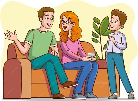 Ilustración de padres e hijos hablando abiertamente en casa
