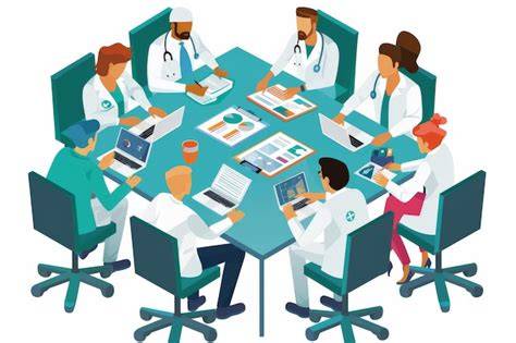 Ilustración de un equipo médico multidisciplinar (obstetra, enfermera obstétrica, médico de familia) interactuando con una embarazada
