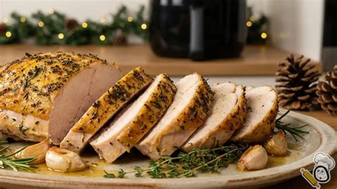 Plato principal de pavo asado decorado con hierbas aromáticas