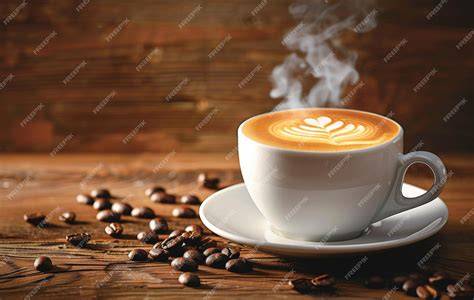 granos de café y una taza de café humeante