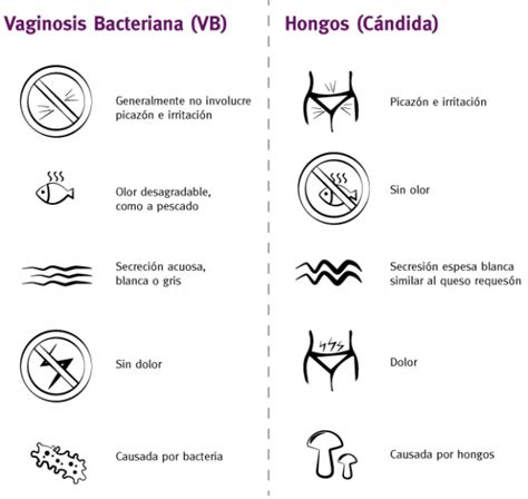 Infografía comparativa de síntomas de candidiasis y vaginosis bacteriana