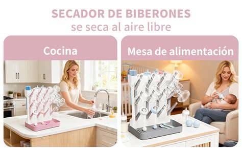 Foto de un escurridor de biberones con varios biberones y accesorios secándose