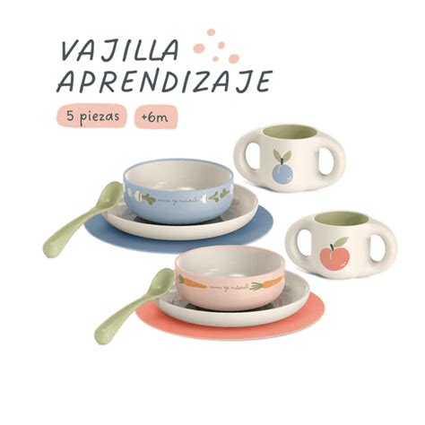 Foto de un bebé usando la vajilla de aprendizaje Suavinex de color azul o pastel, con los diferentes elementos del set.